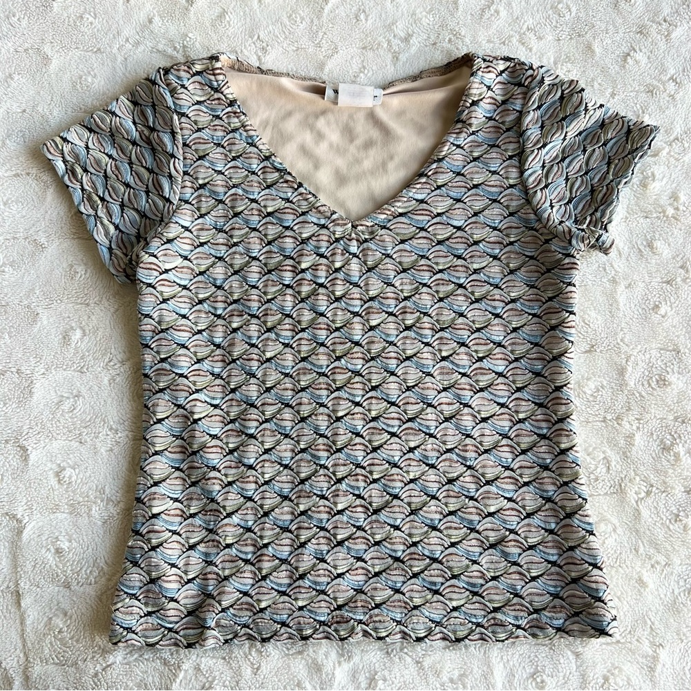 Wrapper Short Sleeve VNeck Tee Top Womens Medium Multicolor Patterned AOP Vtg